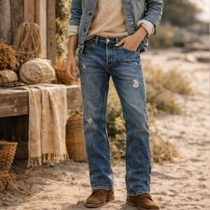 Men’s Levi’s 505 Regular Straight-Leg Cut Distressed Denim Jeans 34/34